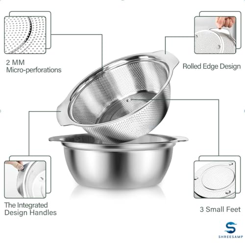 Image of Multipurpose Stainless Steel Bowl Colander Strainer Drainer With Handle For Fruits Rice, Vegetable, Noodles Grains Washing Filter Basket For Kitchen Bowl Storing And Straining Silver, Medium