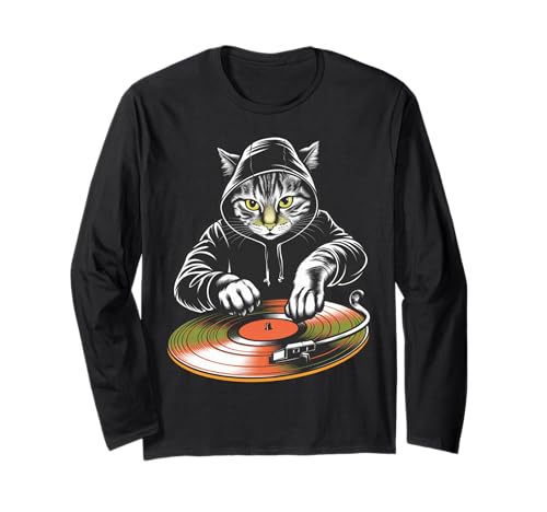 DJ Cat EDM Techno House Scratch Musica divertente amante dei gatti Maglia a Manica