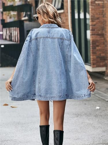 Women Single Breasted Cape Denim Coat Spring Fall Fashion Vintage Pockets Loose Jean Jacket2