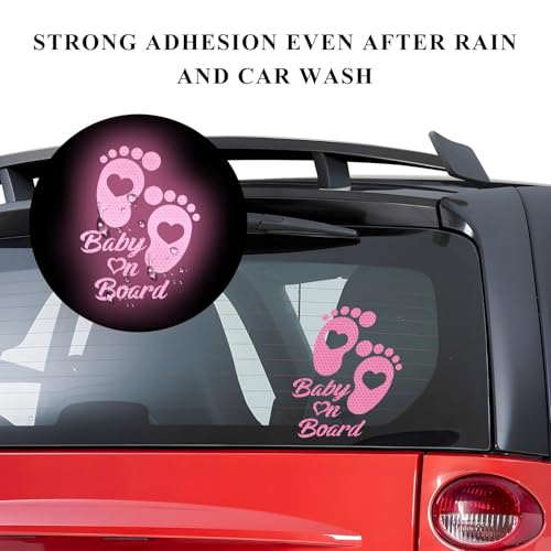 Image of Baby on Board Car Sticker, High Intensity Reflective Baby on Board Footprint Safety Warning Decal, Waterproof Kids on Board Baby in Car Feet Decal Sticker for Bumper (Pink)