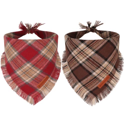 ADOGGYGO Fall Dog Bandanas with Fringe, Red Brown Plaid Dog Scarf, Large