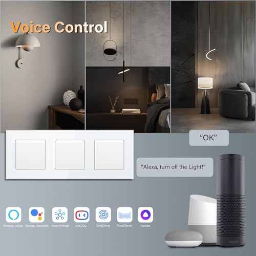BSEED Lichtschalter Glas Smart WiFi Wechselschalter Compatibel mit Google Home und Alexa Neutrale Leitung Ben&ouml;tigt, 1 Fach 1 Weg,228mm Wei&szlig;