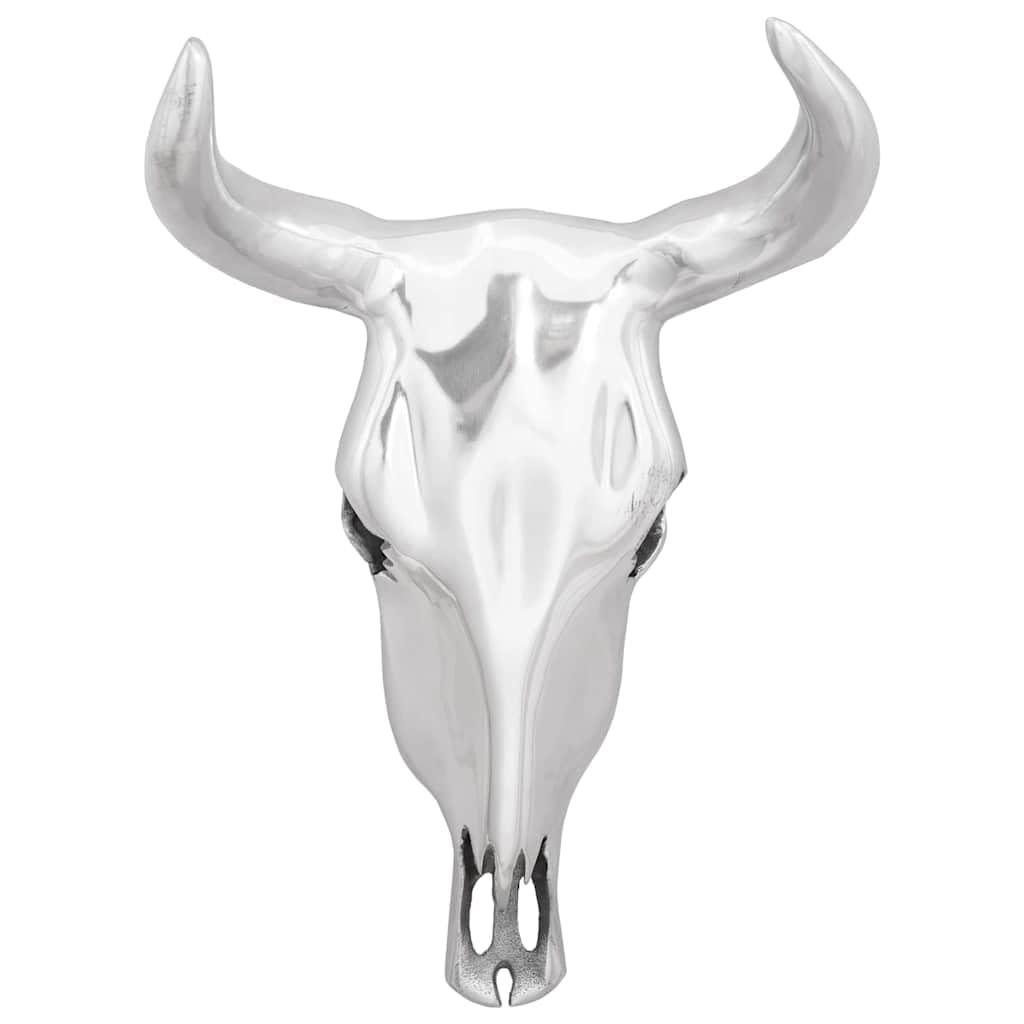 Bullen Schädel Skulptur Figur aus Aluminium, silberfarbenes Hochglanz Finish, 34 x 13 x 53 cm, 1 Stück, wandmontierte Deko für Wohnzimmer Büro Eingang Ambiente