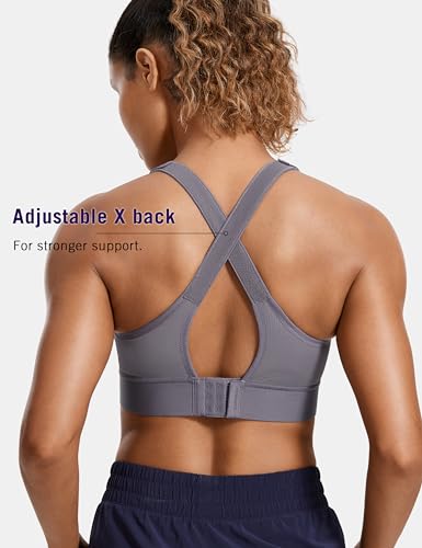 Image of SYROKAN Womens' Sports Bra High Impact Support Zip Front Adjustable Large Bust Racerback Wirefree Padded The Wild Wood 34DD