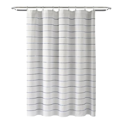 Image of Lush Decor Ombre Stripe Yarn Dyed Cotton Shower Curtain, 72 inch W x 72 inch L, Navy & Multi - Fabric Shower Curtains - Striped Bathroom Curtain - Farmhouse & Coastal Decor