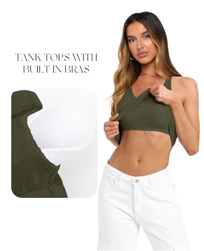 Image of Darong Womens V Neck Tank Top Built in Bra | Halter neck, Built in bra, Ribbed knit, Soft material, V neck, Strappy back, Sexy style