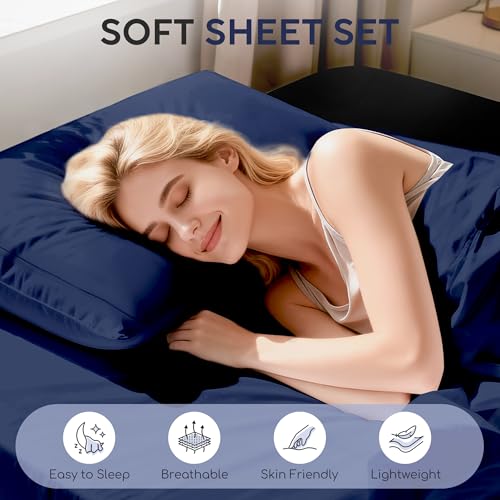Image of Tokokimo King Sheet Set 4 Piece, Super Soft Washed Cotton-Linen Feel Microfiber, 16 inch Deep Pocket Fitted Sheet, 1 Flat Sheet, 2 Pillowcases, Breathable Bed Sheets, Navy Blue