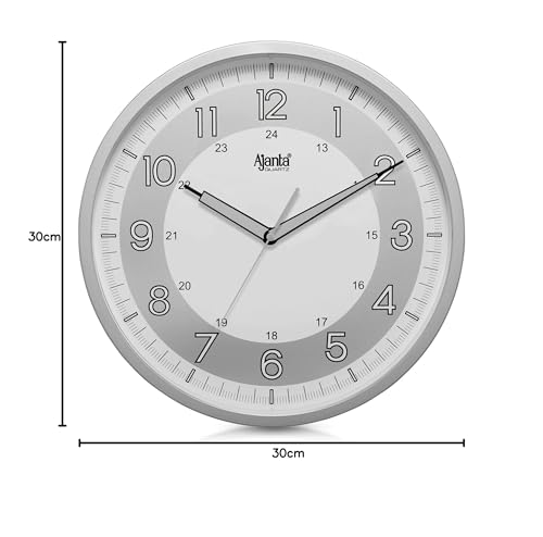 Image of Ajanta 12 Inches Silent Sweep Radium Analog Wall Clock - Night Glow, White Dial - 30x30 cm (Silver)