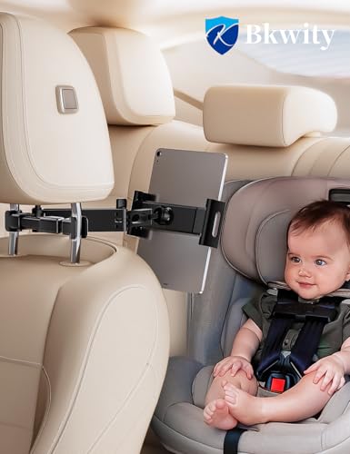 BKWITY Tablet Holder for Car Headrest, ipad Car Holder Back Seat [3 in 1 Extension Arm], 360° Rotating Adjustable Road Trip Essentials for 4.7-11