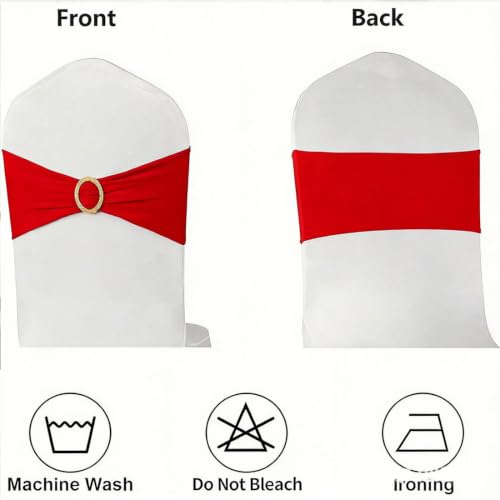 Image of Red Chair Sashes 50 Pack with Gold Buckle Slider, Spandex Red Chair Bands Bows for Folding Chairs Wedding Party Banquet Decor