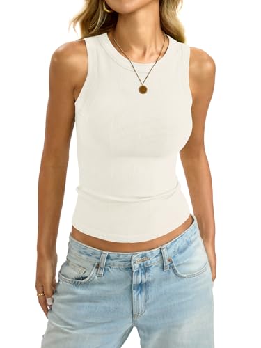 Image of EasyGala Womens Ribbed Seamless Tank Knit Crew Neck Shirt Summer Fitted Sleeveless Top Casual Basic High Neck Clothes