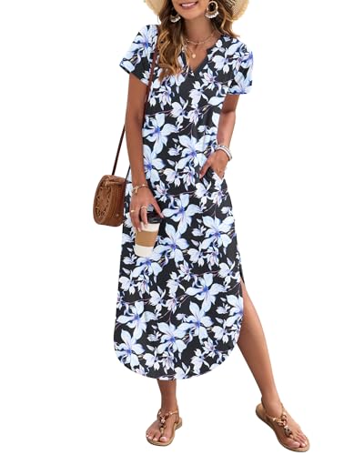 Image of MISFAY Women's Summer Maxi Dress 2026 Casual Short Sleeves V Neck Loose Sundress Split Long Beach T Shirt Dress