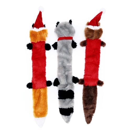 Image of ZippyPaws Skinny Peltz - No Stuffing Dog Toys to Keep Them Busy, for Medium and Large Dogs, Squeaky Unstuffed Chew Toys for Pets, Soft Plush Variety Pack, Fox, Raccoon, & Squirrel - Holiday 3-Pack