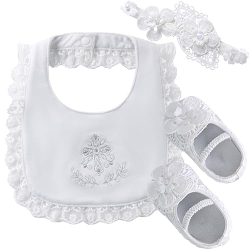 Booulfi Baby White Baptism Bib with Cross Ruffle Lace Flower Headband Baby Girl Dress Shoes 0-3 Months 3 Pieces Baptism Gifts for Girl