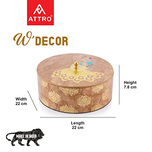 Image of Attro Peacock Gold Designer Wooden Lid Round Multipurpose Box for Kitchen Storage, Chapati, Chocolate