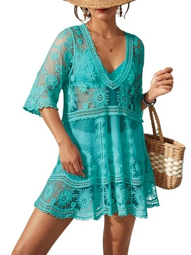 Image of Eomenie Women's Contrast Lace Bathing Suit Cover Up V-Neck Swimsuit Coverups Loose Swimwear Beach Dress Beachwear