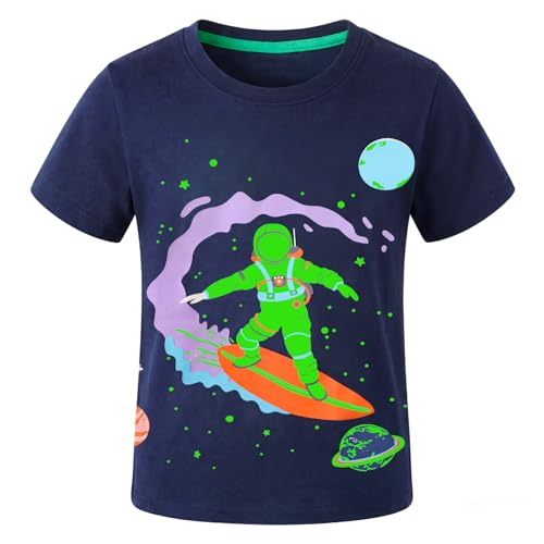 FILOWA T-Shirt Boys Kids Cotton Short Sleeve Tee Glow in the Dark Crew Neck Soft Top Navy Blue Astronaut Pattern Plain T Shirts Casual School Sports Summer Outfit for Toddlers 3-4 Years