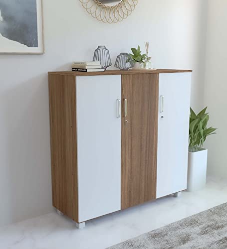 Image of NEUDOT Ronald Caddy 3 Door Multipurpose Cabinet | Engineered Wood | Bookshelf | Organiser | Cupboard | Almari | Wardrobe for Home | Kitchen | Office | Living Room | 12 Month Warranty | Leon Teak