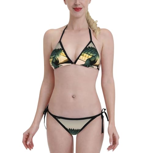WZYWHJ Big Mouth Crocodile Prints Ladies' Triangle Bikini Swimsuit Two-Piece Set, Sexy Suspender, Playful Print Black