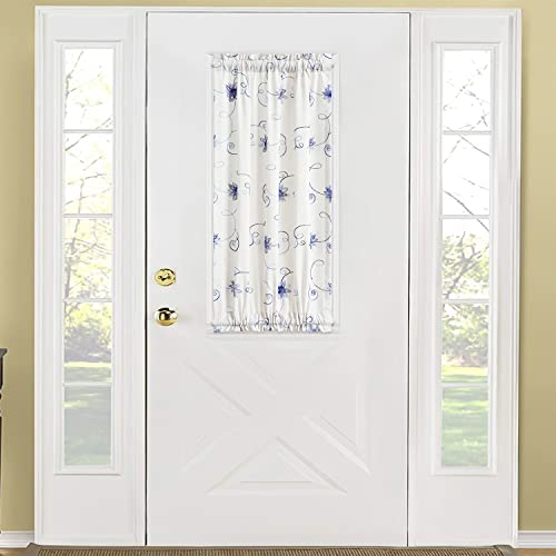 Image of VOGOL Linen Textured French Door Curtains, 40 Inches Long Floral Embroidered Rustic Door Panel, 1 Piece Rod Pocket Curtain for Front Glass Windows, Blue on Beige