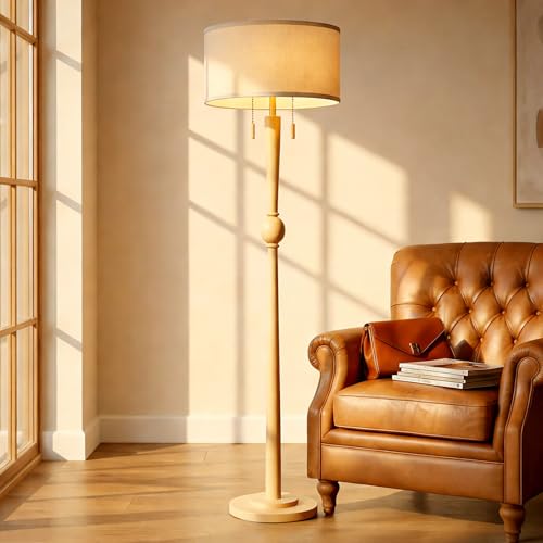 Image of MOFFE Solid Wood Floor Lamp for Living Room with Wooden Pull Chains | 62.8 inch Tall,Sculptural Wood Base & Stem,17 inch Linen Drum Shade,2-Light Standing Lamp for Bedroom & Reading Corner,Bulbs Included