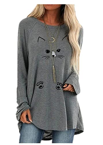 wxiaomai Femme T-Shirt à Manches Longues Oversize Haut Chat Imprimé Front Short Back Long Chemises Col Rond Tunique Ample 2XL