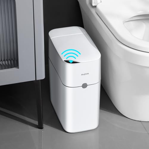 Image of funest Bathroom Trash Can, Automatic Bagging Garbage Can, 3.5 Gallon Slim Smart Small Plastic Trash Bin, Narrow Motion Sensor Trash Can for Bedroom, Office White