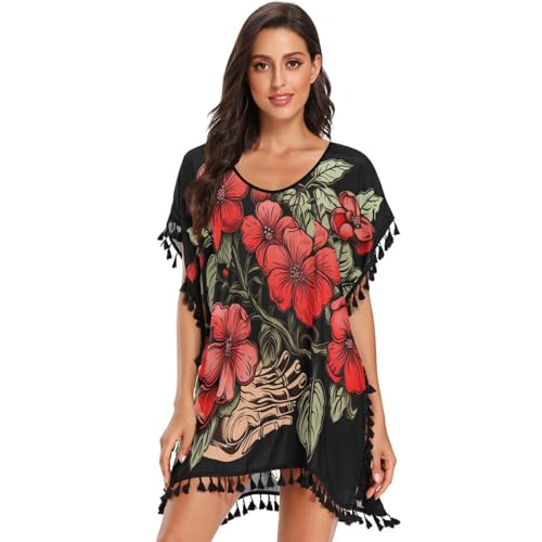 Red Jasmine Flower Black Women's Beach Cover Up Chiffon Tassel Swimwear Swimsuit Coverups for Girl