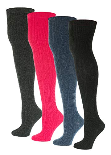 4 pairs Sumona Women Wool Cable Knit Knee High / Thigh High/ Crew Winter Boot Socks 9-11 (4 Pairs Over Knee High, 9-11)