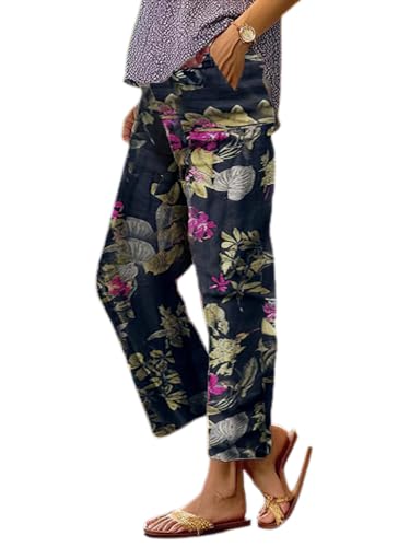Women's Casual Boho Floral Cotton Linen Pants Elastic Waist Drawstring Summer Beach Baggy Trousers with Pockets
