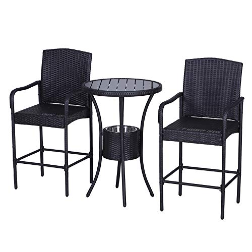 Outsunny 3 Piece Outdoor Rattan Wicker Bar Stool Bistro Set with Ice Buckets