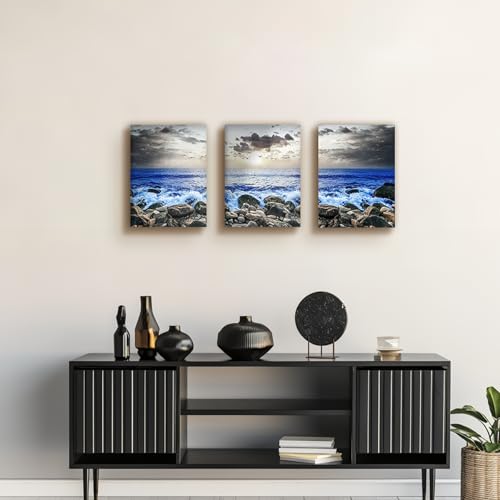 SERIMINO Beach Wall Art Set, Blue Coastal Landscape Wall Decor, Modern Ocean Paintings Art Prints Home Office Decoration, Seaside Canvas Pictures for Living Room Bedroom Bathroom 3 Pieces 16"X24"