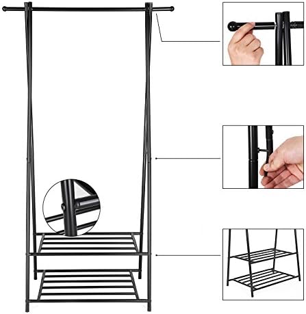 SONGMICS Coat Rack, Coat Stand, Clothes Rack with 2-Tier Storage Shelf for Shoes and Baskets, Metal Frame, Space-saving, Ideal for Bedroom, Entryway, Office and More, Black HSR05B