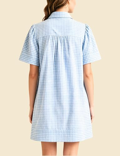 Image of Womens Short Sleeve Button Down Mini Shirt Dress Lapel Collar Short Dresses with Pocket