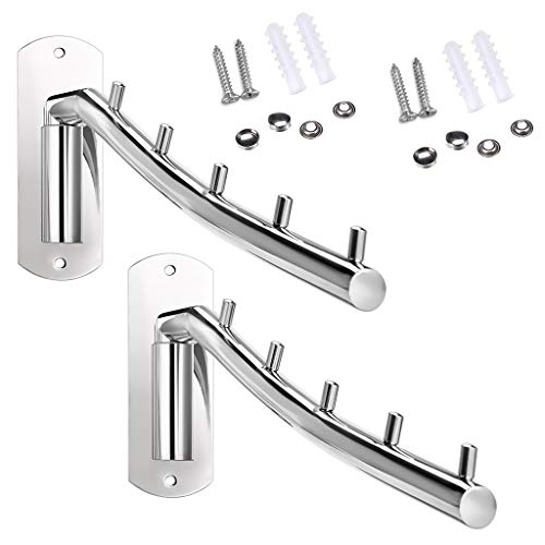 BTSKY 2 Sets Wall-Mounted SUS304 Stainless Steel Swing Arm Holder Clothes Coat Hanger with 5 Hooks Coat Rack Closet Storage Organizer Polish Finish
