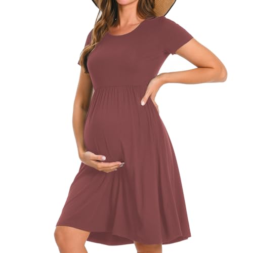 Bearsland Vestido de maternidad de manga larga para mujer, vestido de embarazo con bolsillo, Marrón cobrizo, S