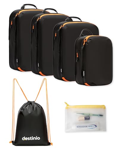Destinio Compression Packing Cubes for Travel, 6 in 1 Water Resistant Travel Organizer Pouch Set (4 Cubes+ Drawstring Bag+ Cosmetic Pouch), Luggage Suitcase Wardrobe Bags for Clothes Shoes (Black)
