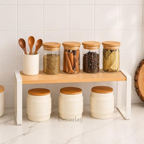 Image of Decorlay Metal & Wooden Spice Rack Countertop Organizer Space Saver Counter-Top Storage For Kitchen, Tabletop, Floor Standing Bathroom, Office, And Cosmetics (White + Beech, Single - Tier)