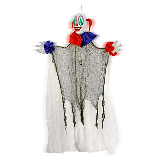 Halloween Haunters 5 Foot Animated Hanging Spinning Scary Circus Clown Prop Decoration - Evil Body Rotates, Music, Laughs, Eyes Strobe Colors, Menacing Ghoul Smile - Haunted House, Battery Operated