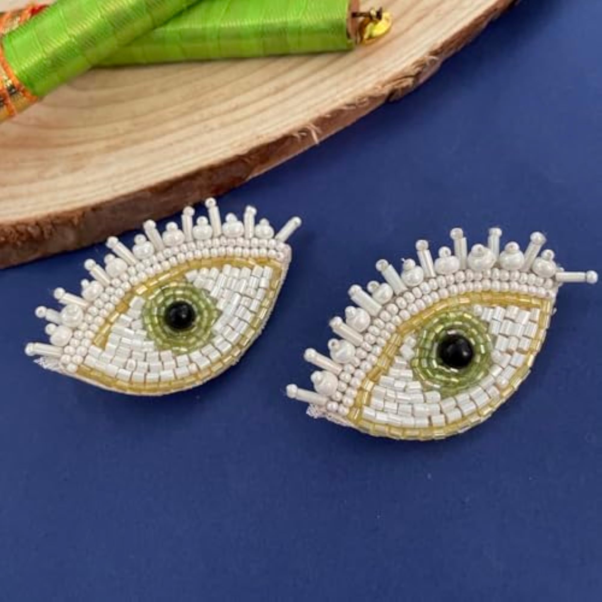 Women's Colourful Beaded White Evil Eye Stud Earrings