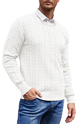 Aimeilgot Men's Casual Crewneck Cable Knit Sweater Long Sleeve Fashion Twist Patterned Pullover Sweater(White,Large) #TOP4