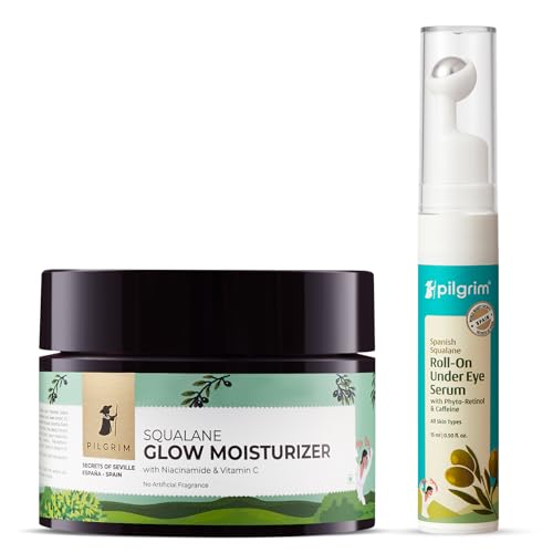 Pilgrim Spanish Squalane Glow-On Duo| Glow Moisturizer (25g) with Phyto-Retinol & Caffeine Roll-On Under Eye Serum (15ml) | Brightens Skin, Reduces & Dark Circles