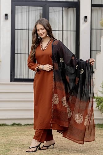 Image of MEERA FAB Women Floral Printed Pure Cotton Straight V-Neck Kurta with Palazzos & Dupatta