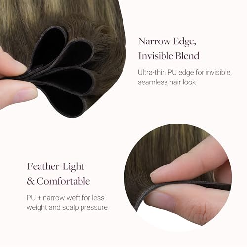 Image of GOO GOO Genius Narrow Edge PU Weft Hair Extensions Human Hair, Invisible Sew in Hair Extensions Human Hair, 4 /26 /4 Balayage Chocolate Brown to Honey Blonde 18 Inch 100g, Seamless Soft Lightweight