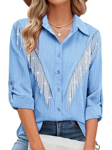 Image of MYMORE Womens Sparkly Fringe Shirt Western Cowgirl Country Concert Outfit
