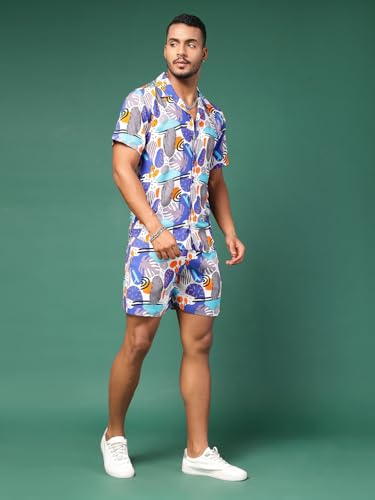 Image of Rigo Printed Co-Ord Set for Men | Casual Shirt & Shorts Night Suit Set | Lounge-wear Nightdress Pajama Set for Mens & Boys | Night Wear, Beach Wear, Vacation Wear Outfit White