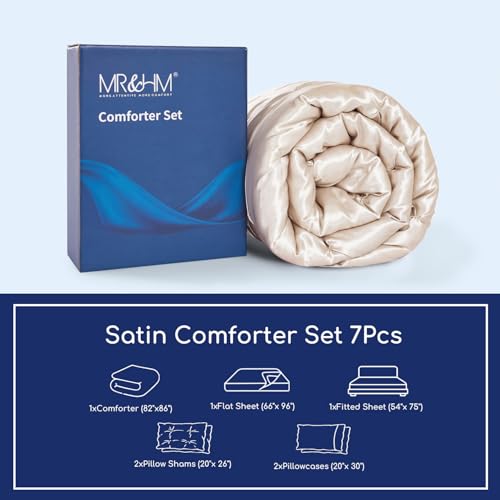 MR&HM Satin Comforter Full 7 Pieces - Luxurious Pinch Pleat Bedding Set with Comforter, Flat Sheet, Fitted Sheet, Pillowcases & Shams, Super Silky Soft Bed Set for All Season (Full, Beige)