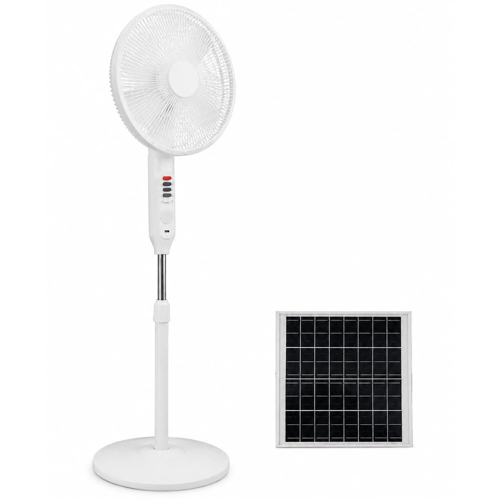 BAKAJI Ventilatore a Piantana a Batteria con Pannello Solare e Luce Nottura, Air Fun con 3 Velocità Selezionabili e Consumi Ridotti, Diametro 40 cm e Altezza Totale 120 cm, Potenza 7W, Silenzioso