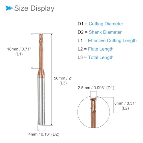 Image of Square Nose End Mill, 2.5mm x 18mm Cutting, Long Reach Titanium (Nano-Scale) Coated Carbide 2 Flutes CNC Router Bits - (Applications: for Stainless Steel Cast Iron Metal)