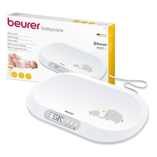 Beurer BY 90 Báscula para bebés con aplicación (iOS + Android) cinta métrica integrada, capacidad de carga de 20 kg y función de retención para bebés que dan patadas